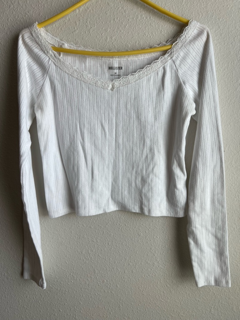 Hollister White Ribbed Lace-Trim Long Sleeve Top